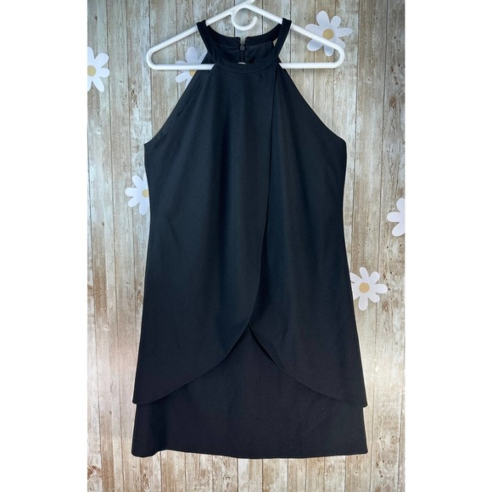 Tahari Arthur Levine Sheath Dress Sz 8 Solid‎ Black Layered Sleeveless Zipper